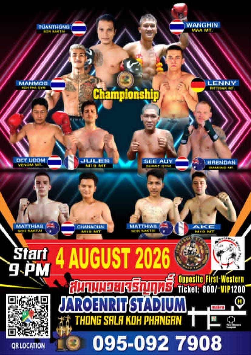 Muay Thai Fight Night at Jaroenrit Stadium, Koh Phangan on 4 August 2026 — buy tickets online