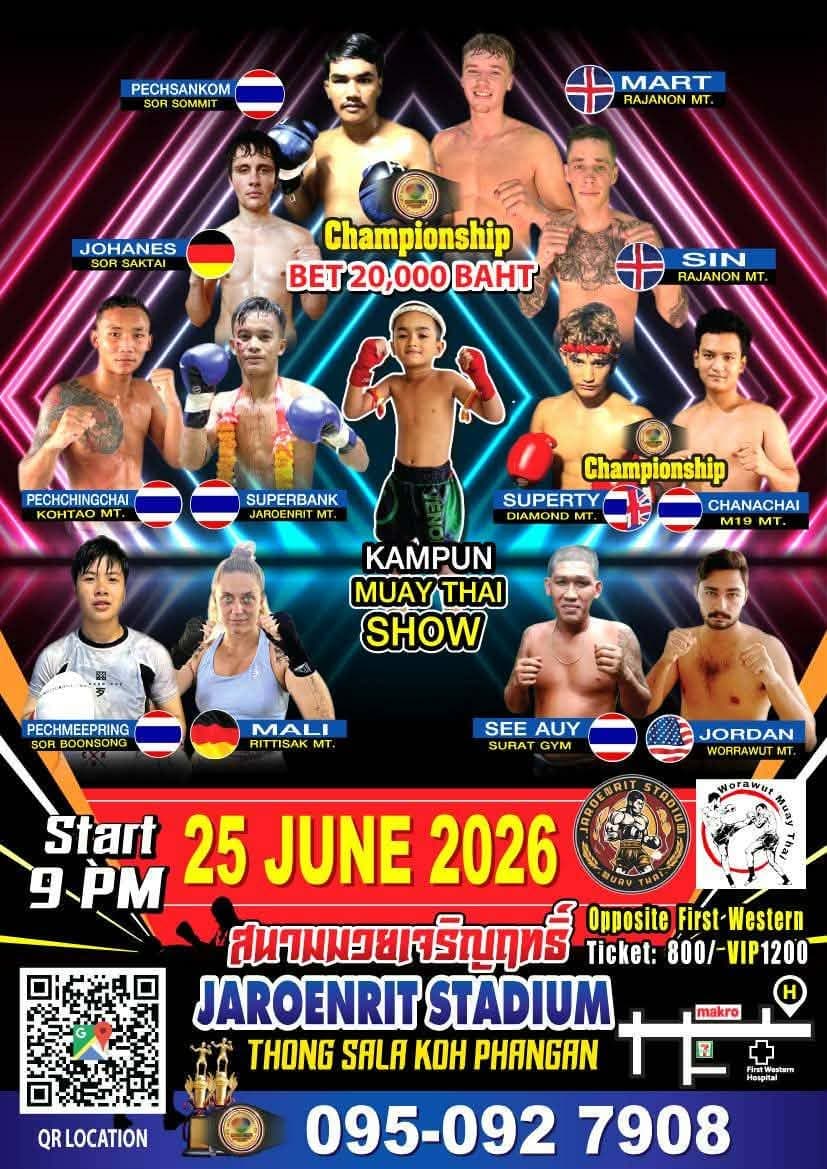 Muay Thai Fight Night at Jaroenrit Stadium, Koh Phangan on 25 June 2026 — buy tickets online
