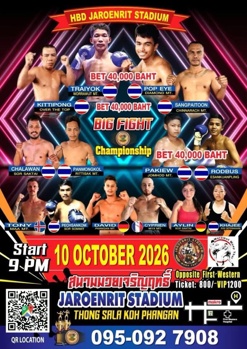 Muay Thai Fight Night at Jaroenrit Stadium, Koh Phangan on 10 October 2026 — buy tickets online