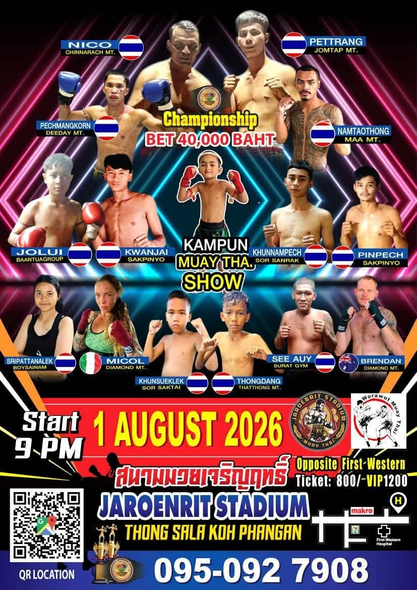 Muay Thai Fight Night at Jaroenrit Stadium, Koh Phangan on 1 August 2026 — buy tickets online