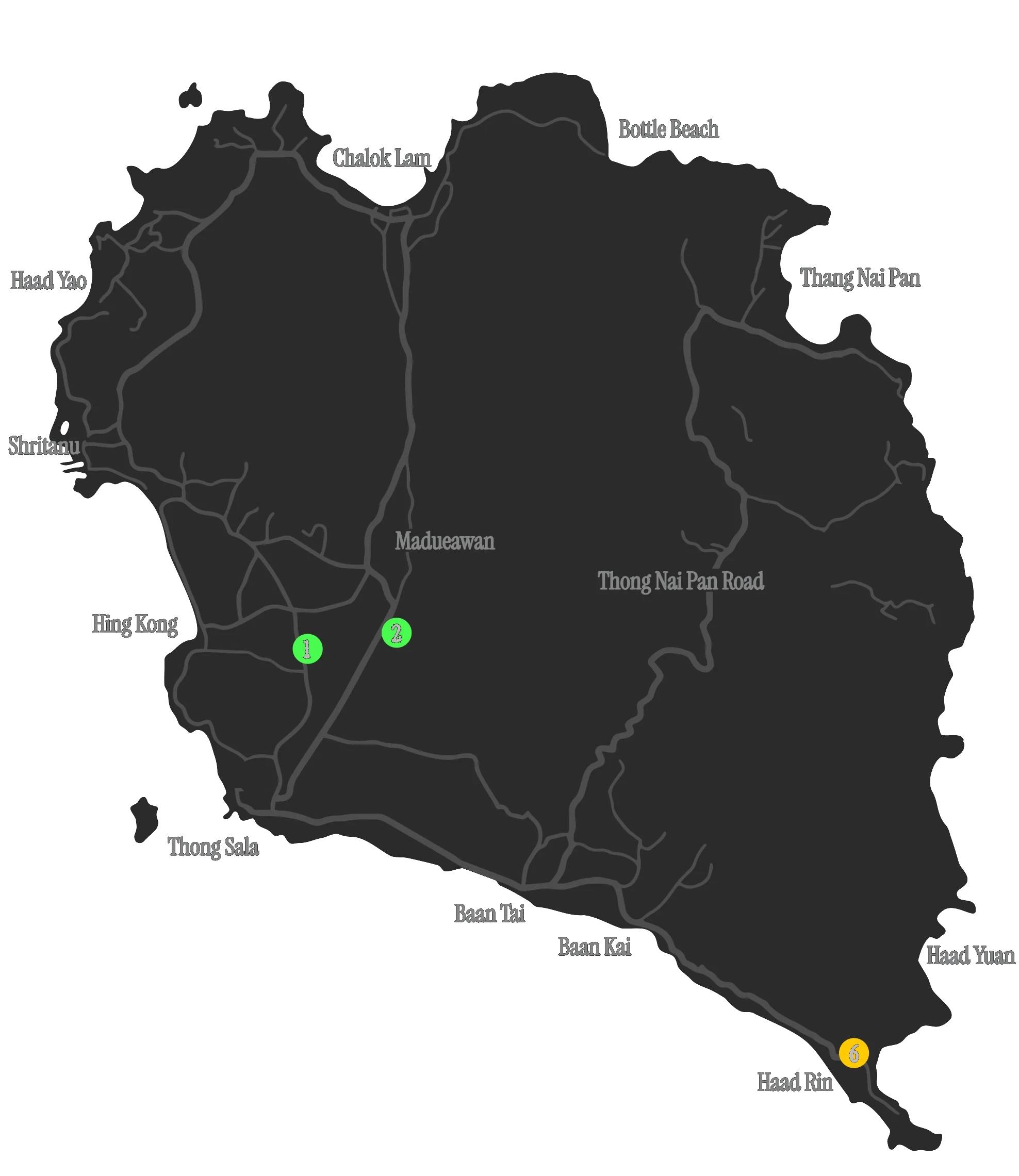 Map of Koh Phangan with the challenge locations marked